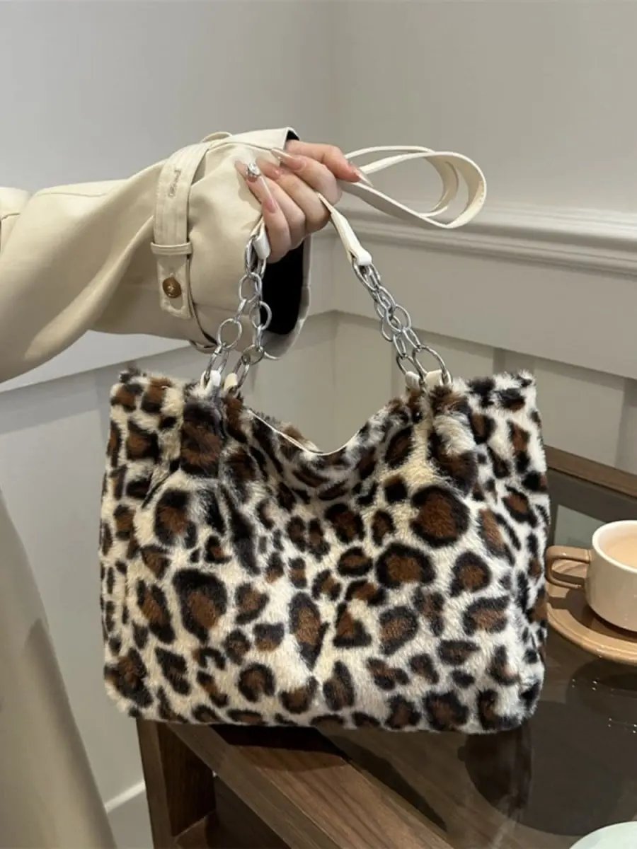 Accessories Trendsi Leopard Print Faux Fur Shoulder Bag Women's Trendy Purse Soft, Lightweight