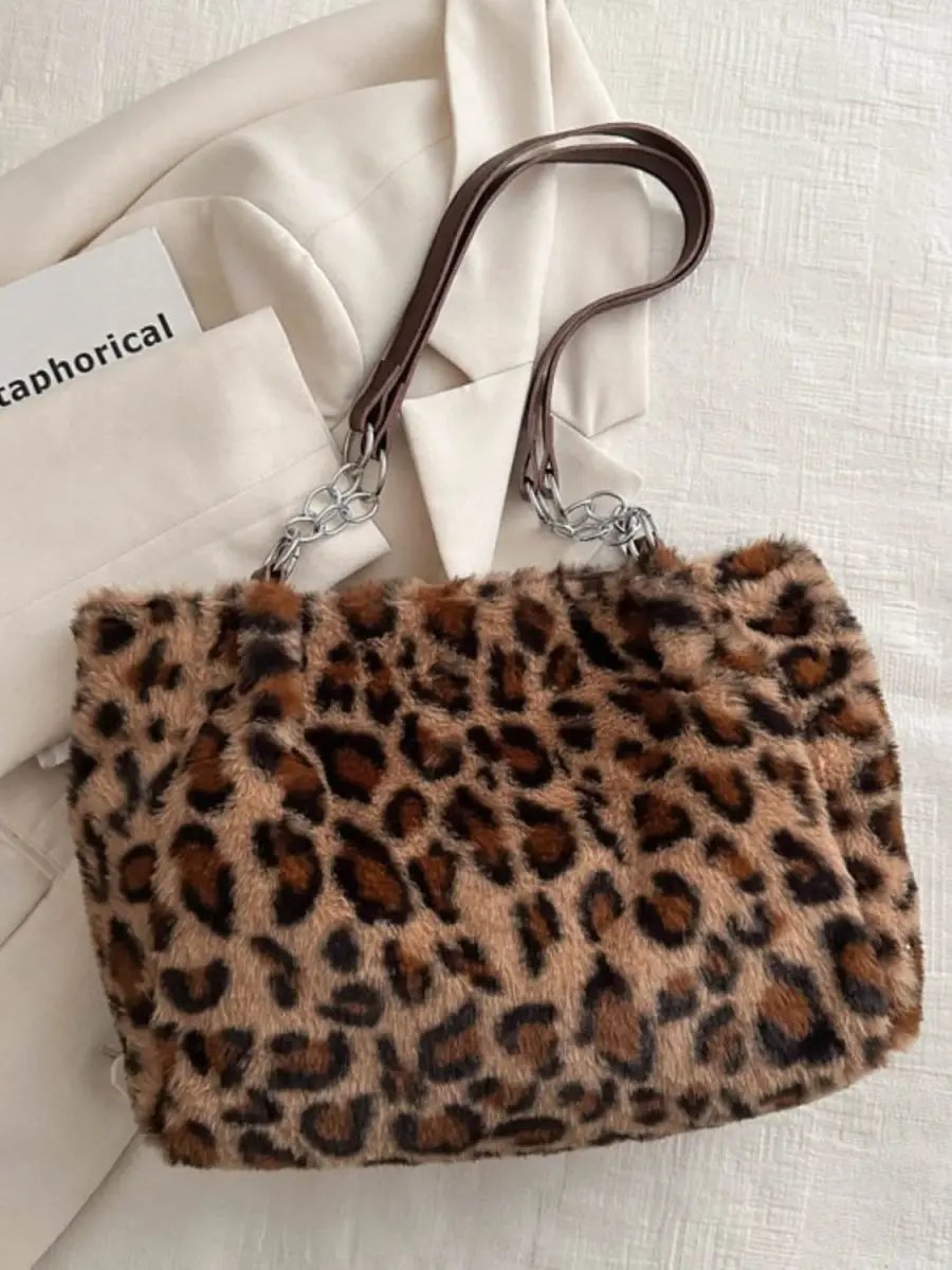 Accessories Trendsi Leopard Print Faux Fur Shoulder Bag Women's Trendy Purse Soft, Lightweight