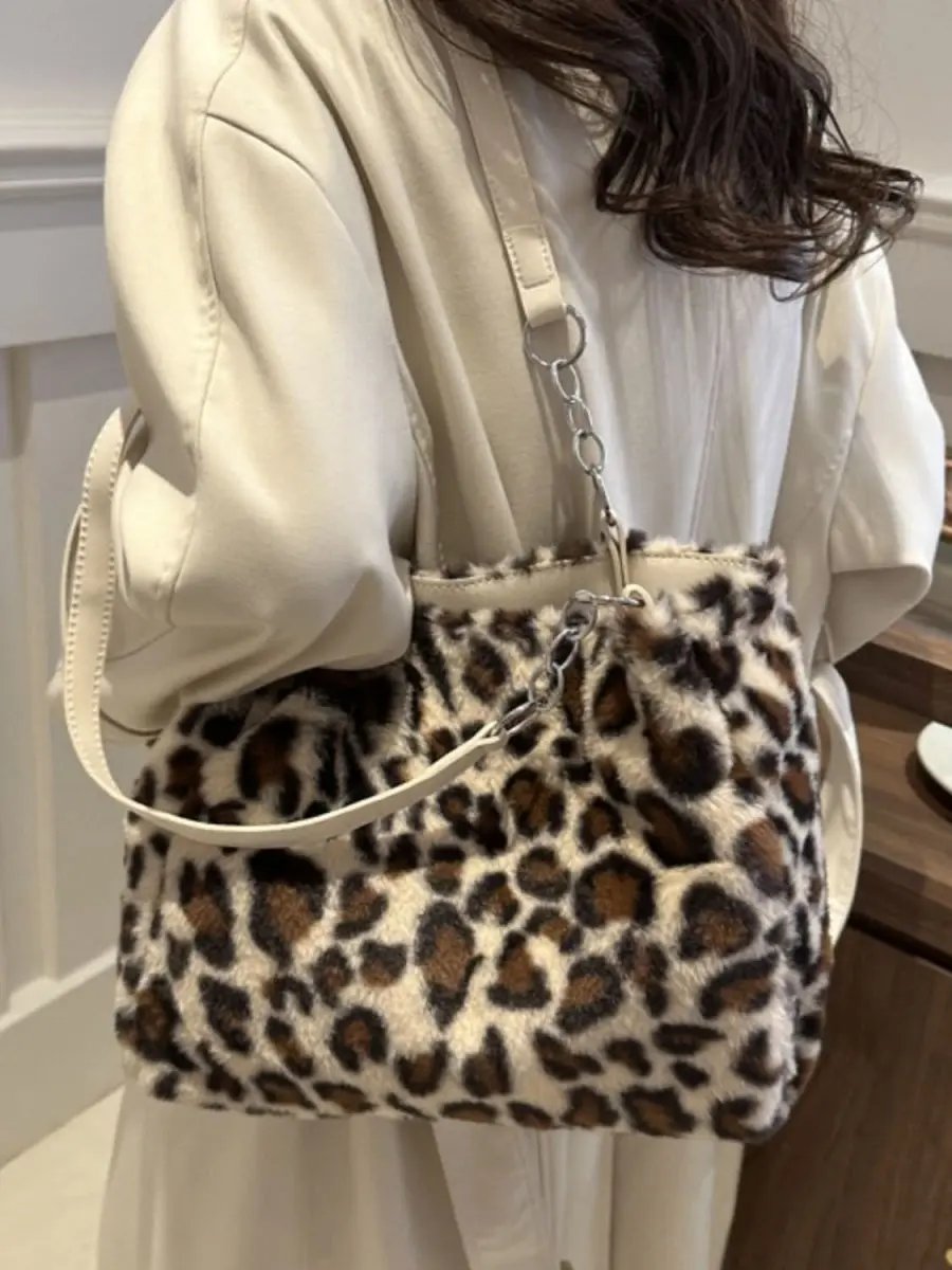 Accessories Trendsi Leopard Print Faux Fur Shoulder Bag Women's Trendy Purse Soft, Lightweight