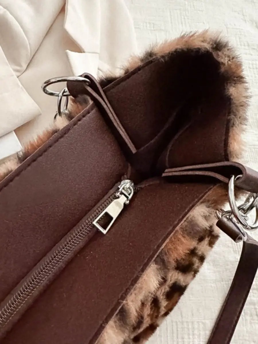 Accessories Trendsi Leopard Print Faux Fur Shoulder Bag Women's Trendy Purse Soft, Lightweight