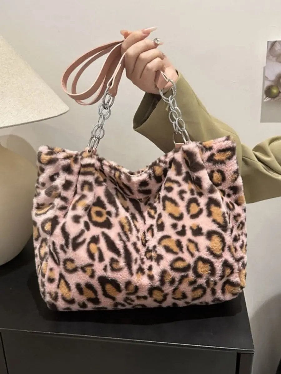 Accessories Trendsi Leopard Print Faux Fur Shoulder Bag Women's Trendy Purse Soft, Lightweight