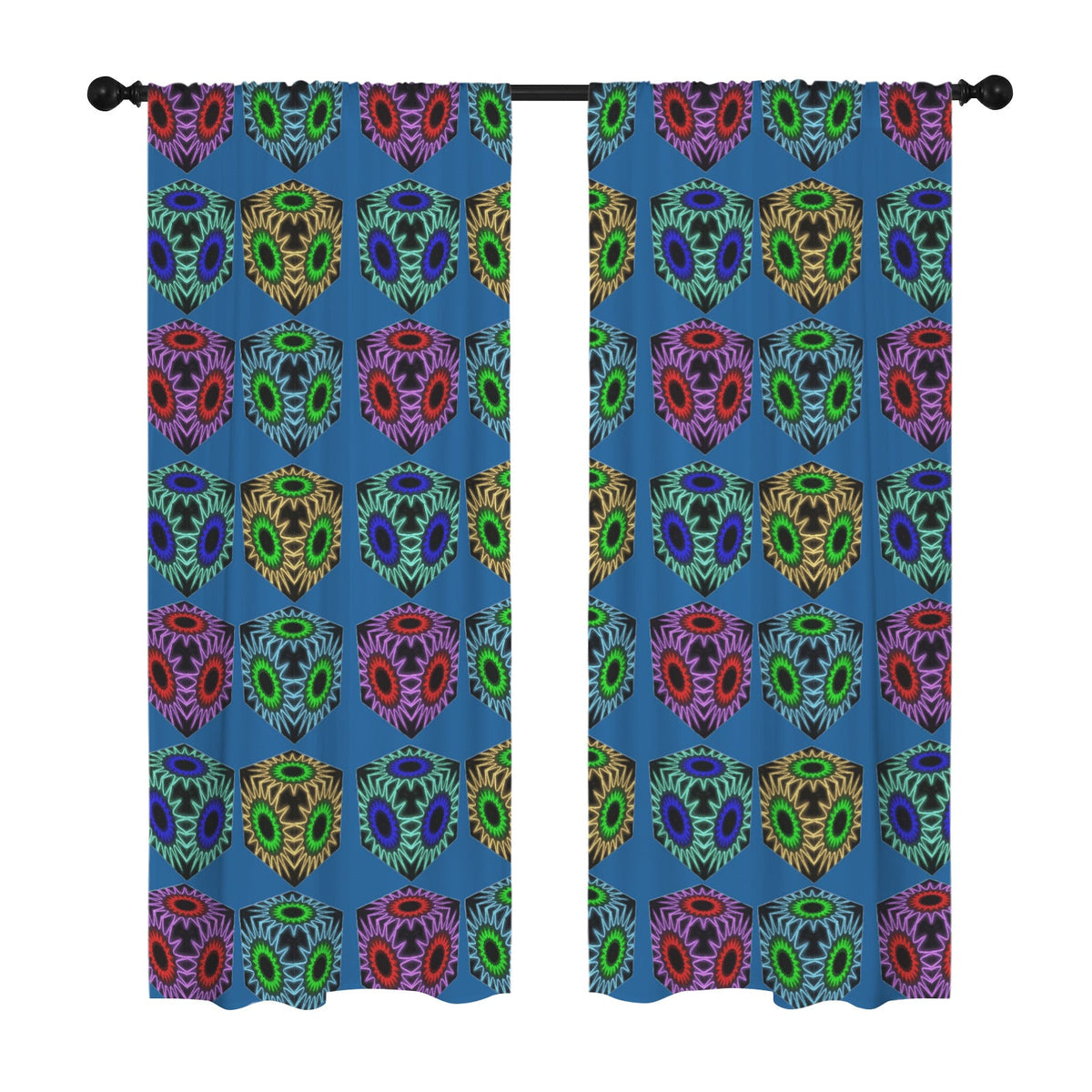 Colorful Cubes Blue Window Curtains - 5 Sizes Available