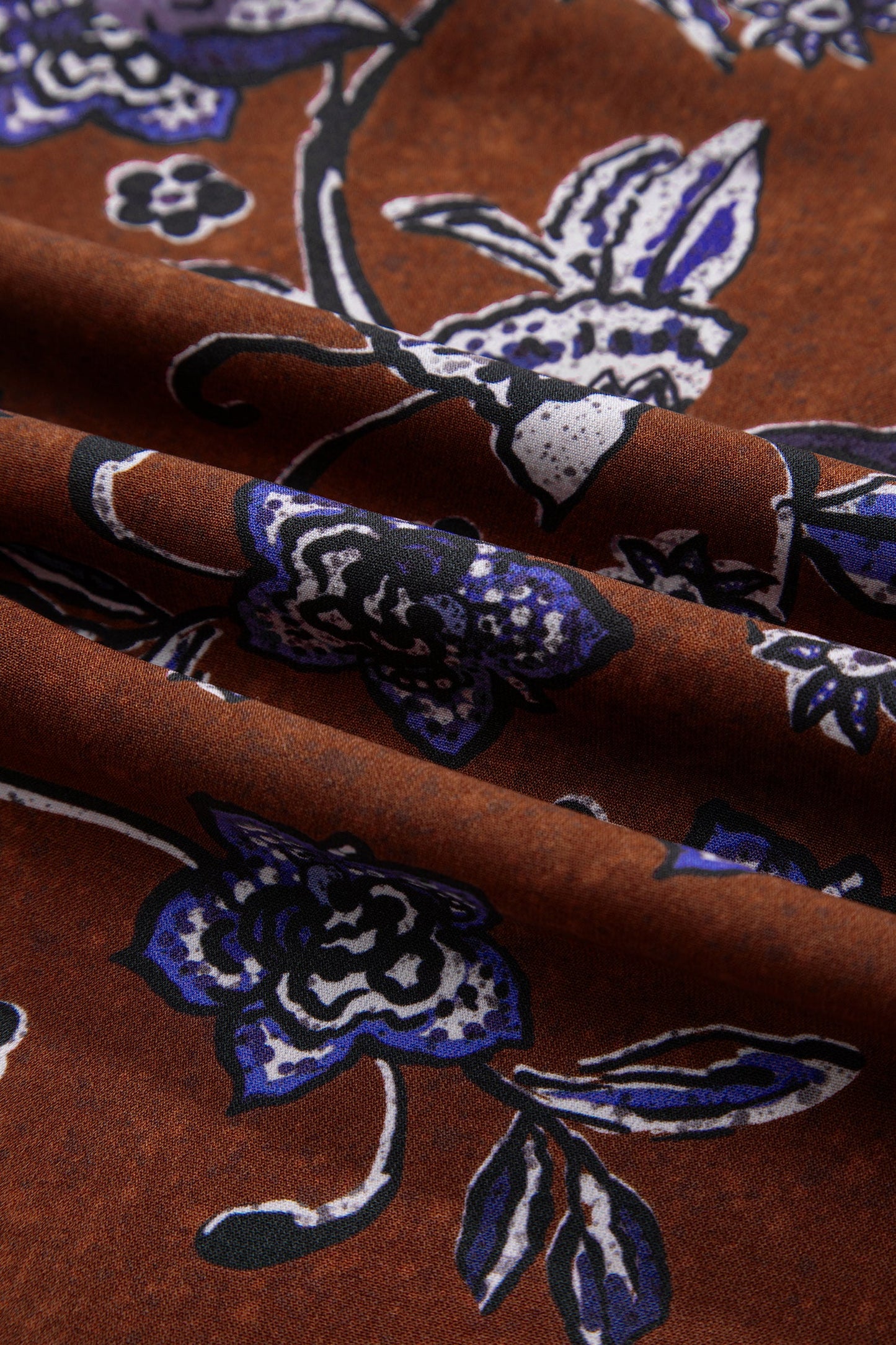 Brown Autumn Floral Print Smocked Cuffs Shift Blouse