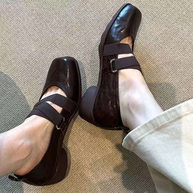 New 4cm Women Vintage Mary Jane Shoes, Elastic Strap Block Heel Ballet Flats, All Season Autumn Pumps
