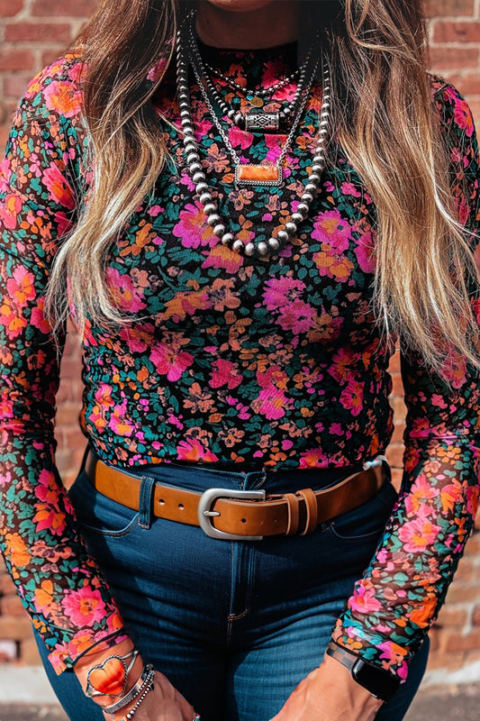 Top de manga larga de malla con estampado floral vintage, talla grande Rose