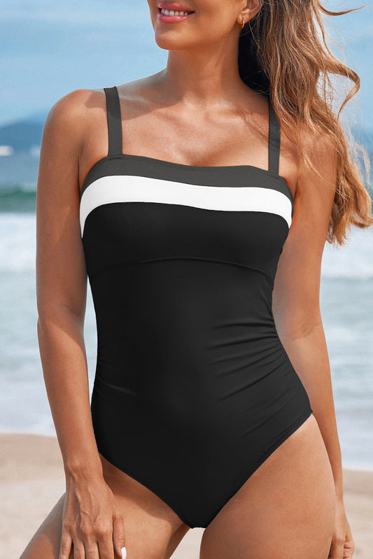 Traje de baño de una pieza con tirantes ajustables y bloques de color negro