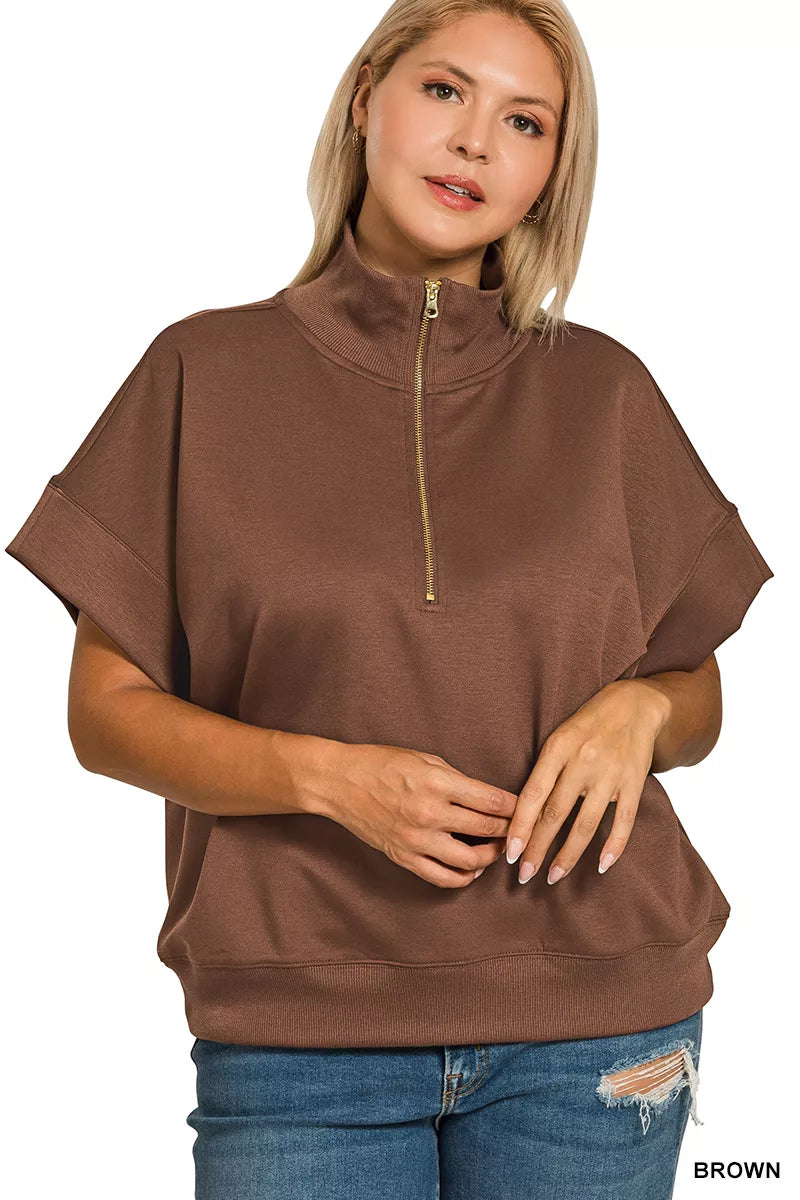 Zenana Full Size Scuba High Neck Half Zip Short Sleeve Top Plus Size in Brown
