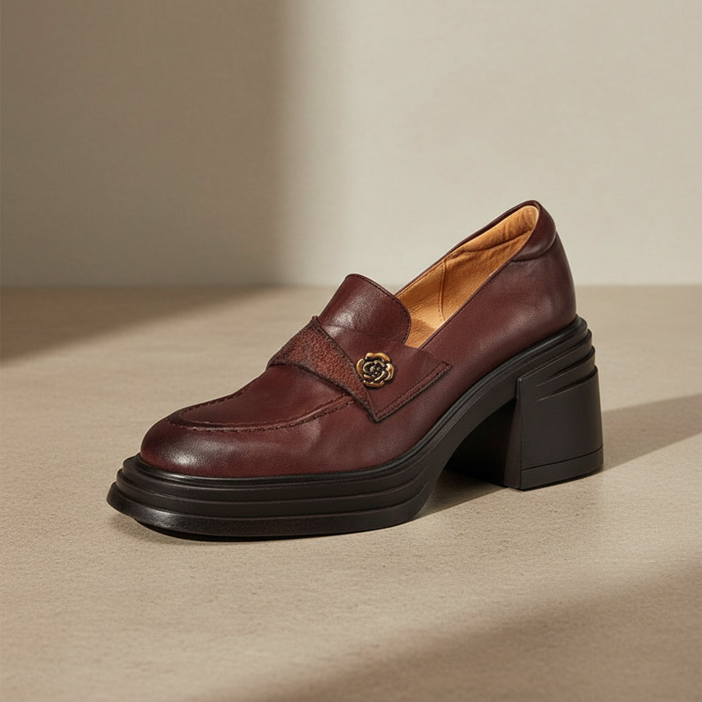 Zapatos de tacón grueso de cuero vintage para mujer – Estilo retro