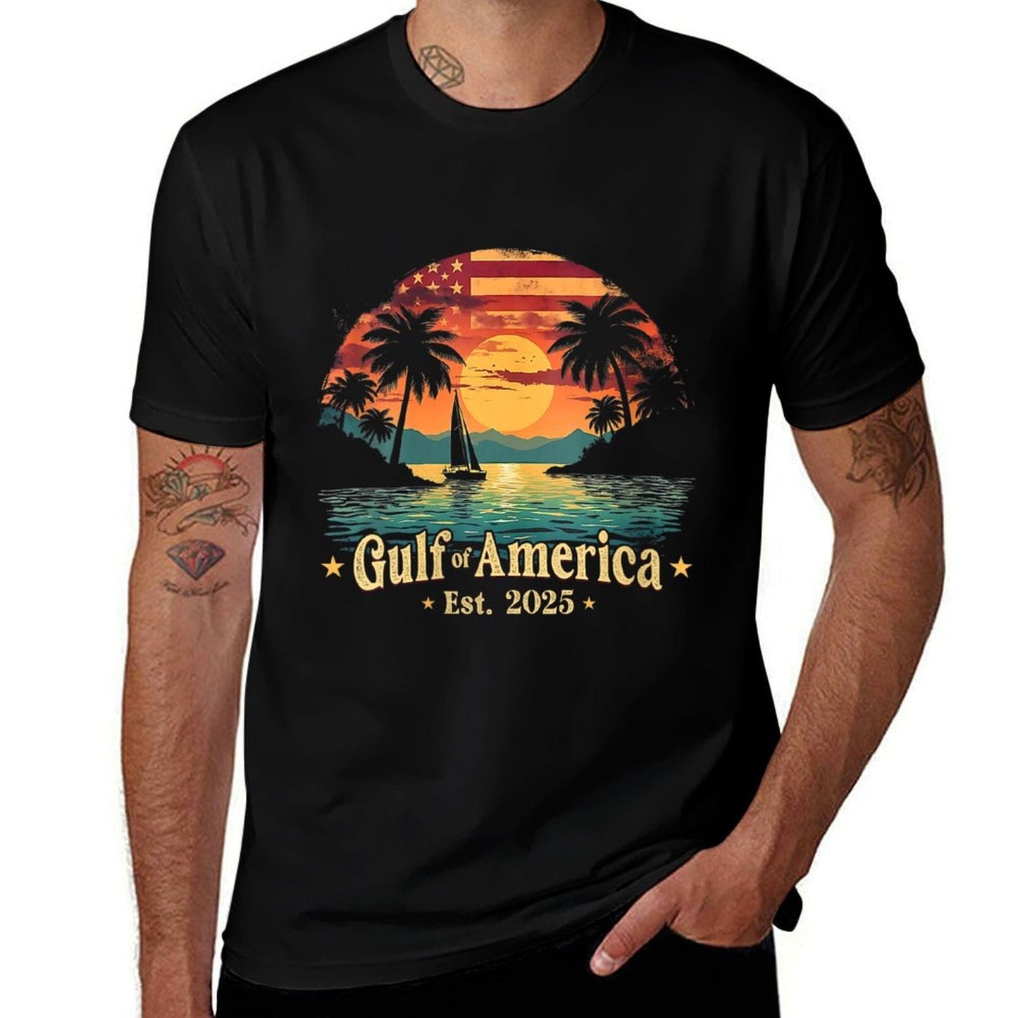 Womens Vintage Gulf Of USA America Funny USA Flag V-Neck High-quality Stitching T-Shirt