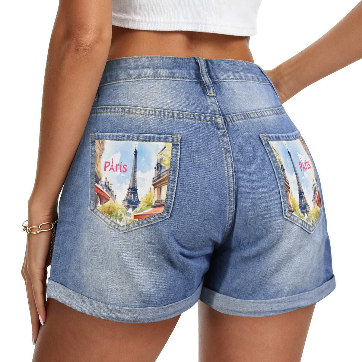 Eiffel Tower in Paris Light Blue Denim Shorts with Dual Pockets Design
