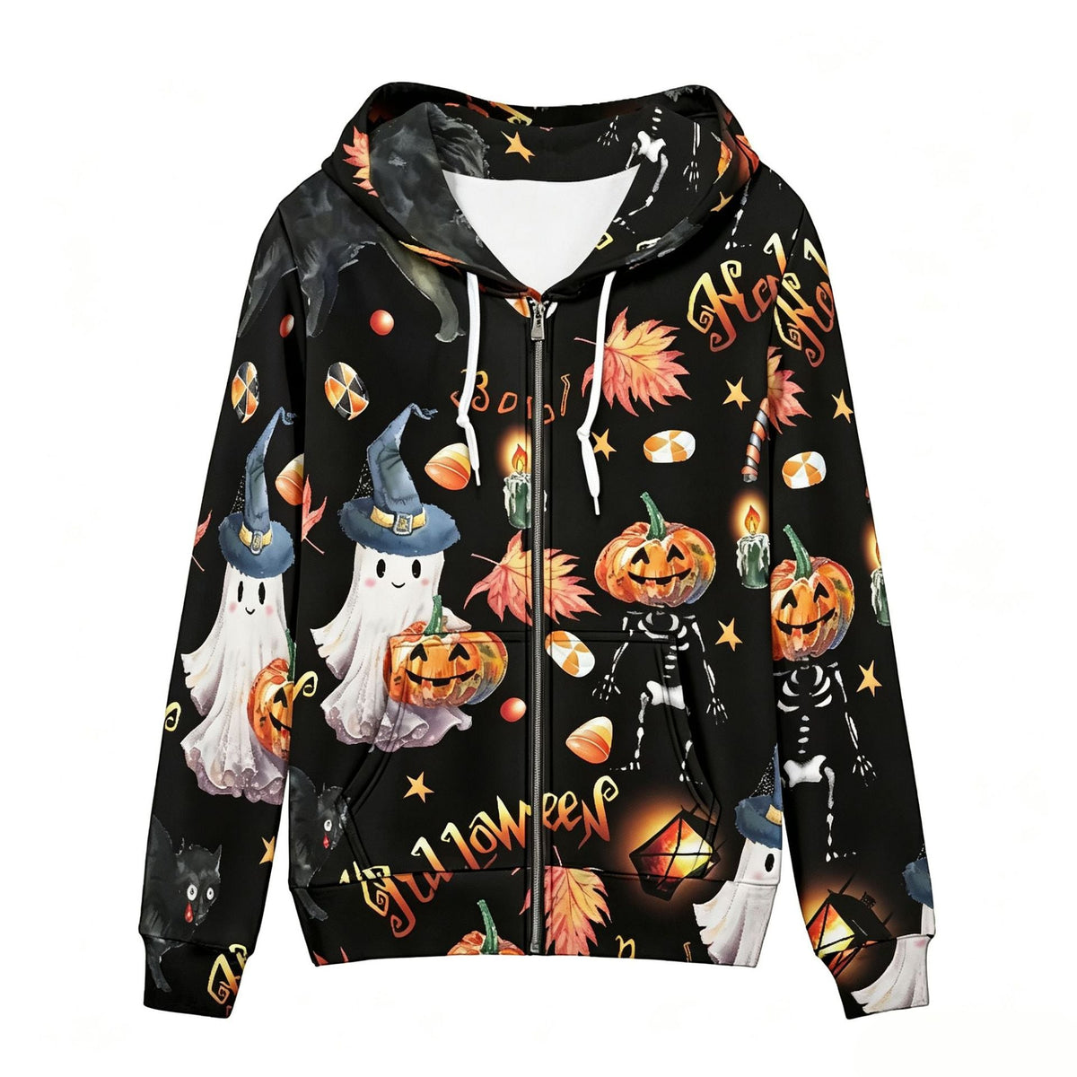 Western-style Halloween Printed Zip-up Hooded Sweatshirt For Women, Featuring A Dark, Sweet And Cool Style, Loose And Casual Long-sleeved Hoodie