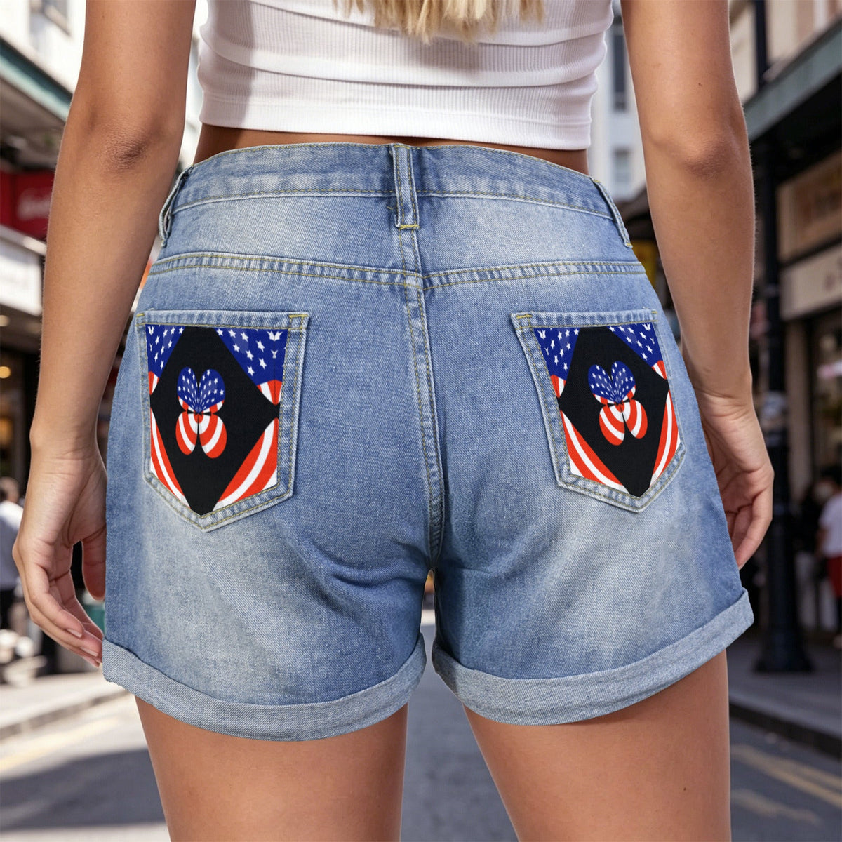 USA Butterfly Light-Wash Blue Denim Shorts (Dual Pockets Print)