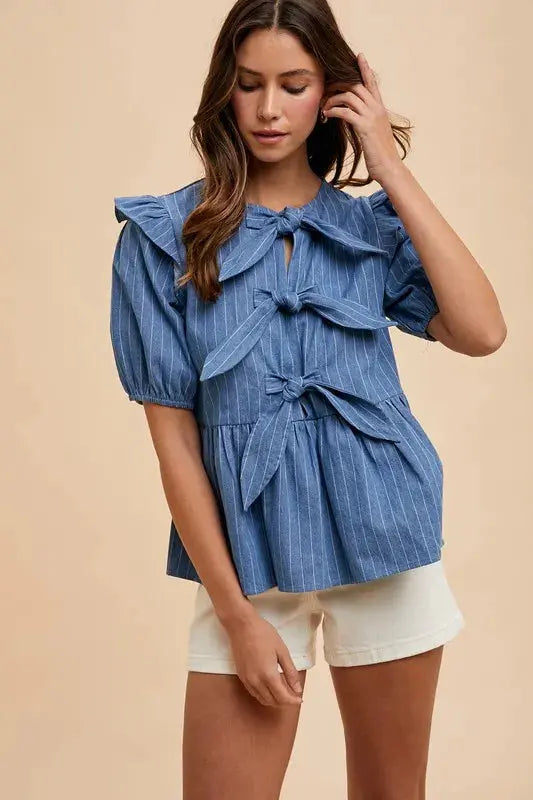 Women's Blouse Peplum Blouse - Stripe Front Bow - Denim Style
