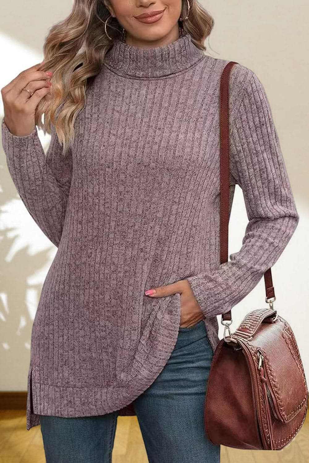 Sweater Pullovers Trendsi Chic high-low turtleneck top