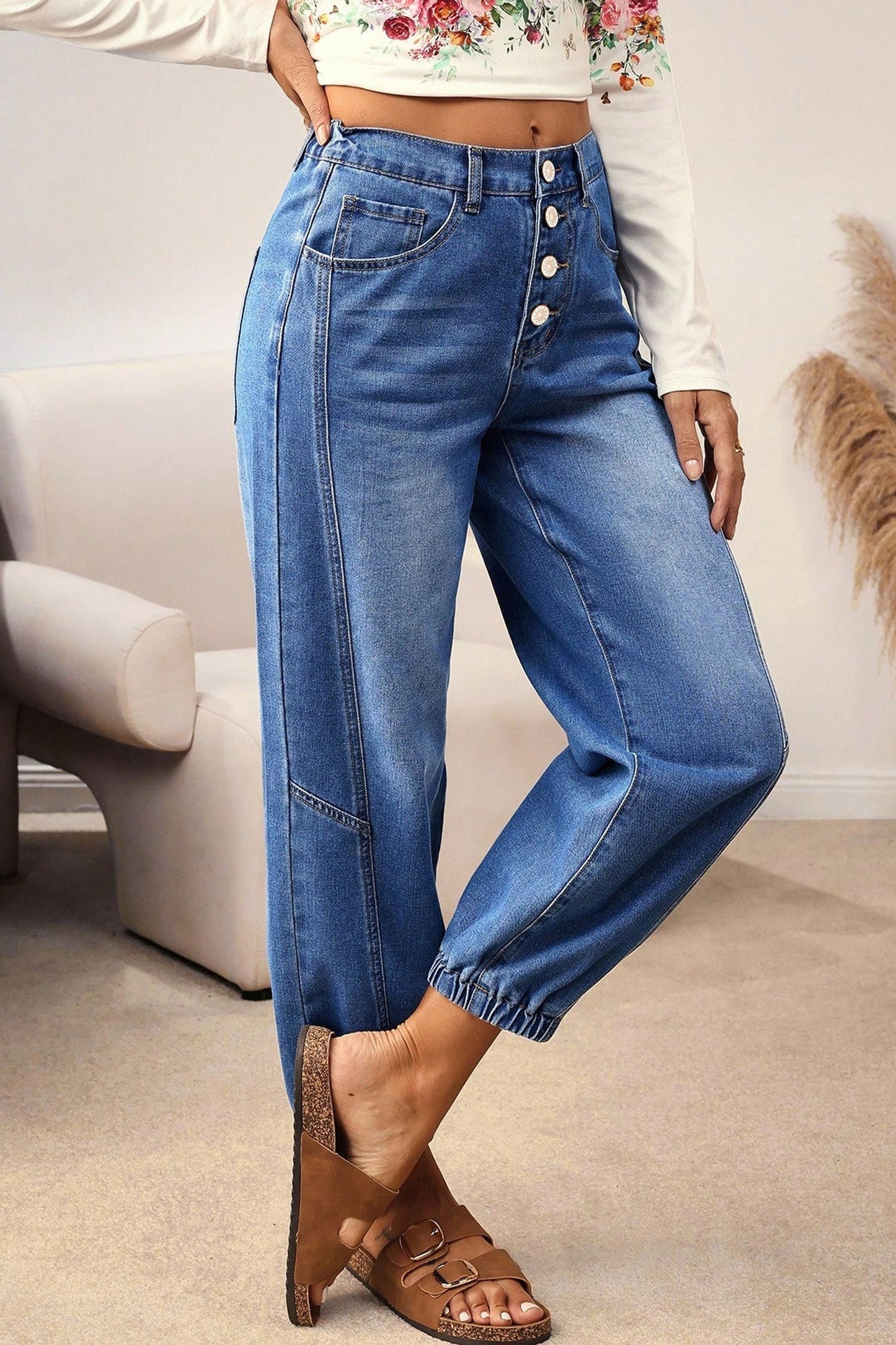 Jeans casuales de corte holgado cónico, azules, de 4 botones frontales