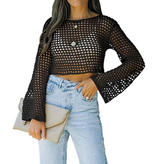 Long-sleeve Loose-fit Round-neck Hollow-out Sweater For Export
