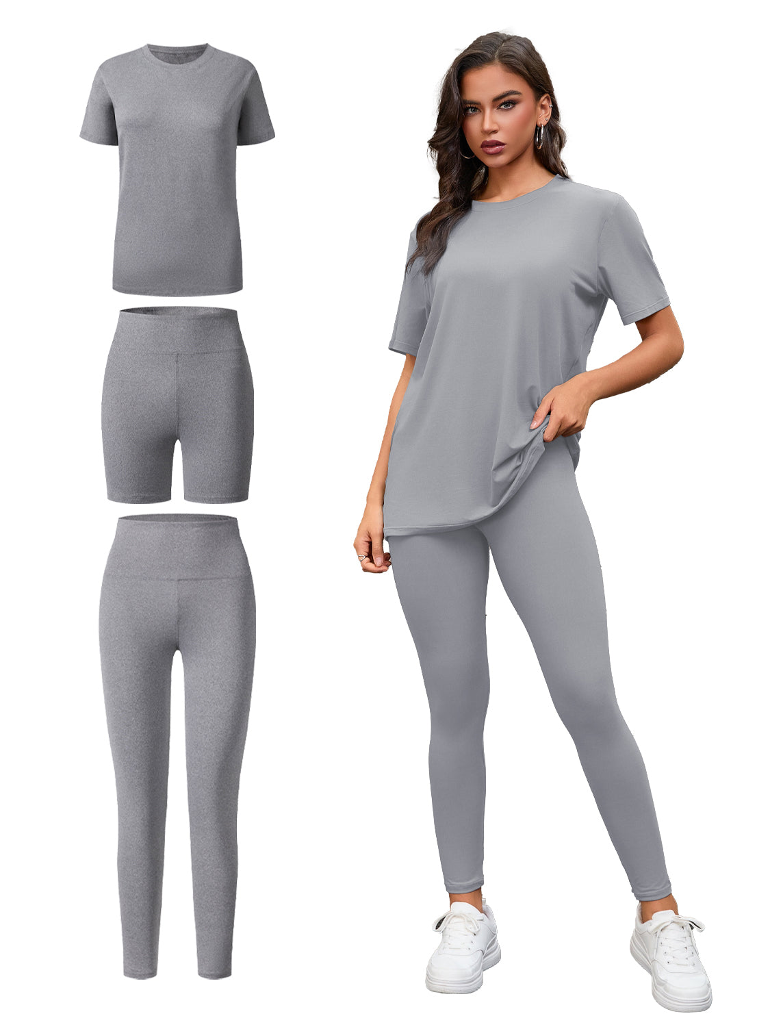 Conjunto de Tres Piezas, Top de Manga Corta de Cuello Redondo y Conjunto de Pantalones Cortos y Largos, Ropa Deportiva e Informal. Consulte la tabla de tallas en "más detalles"
