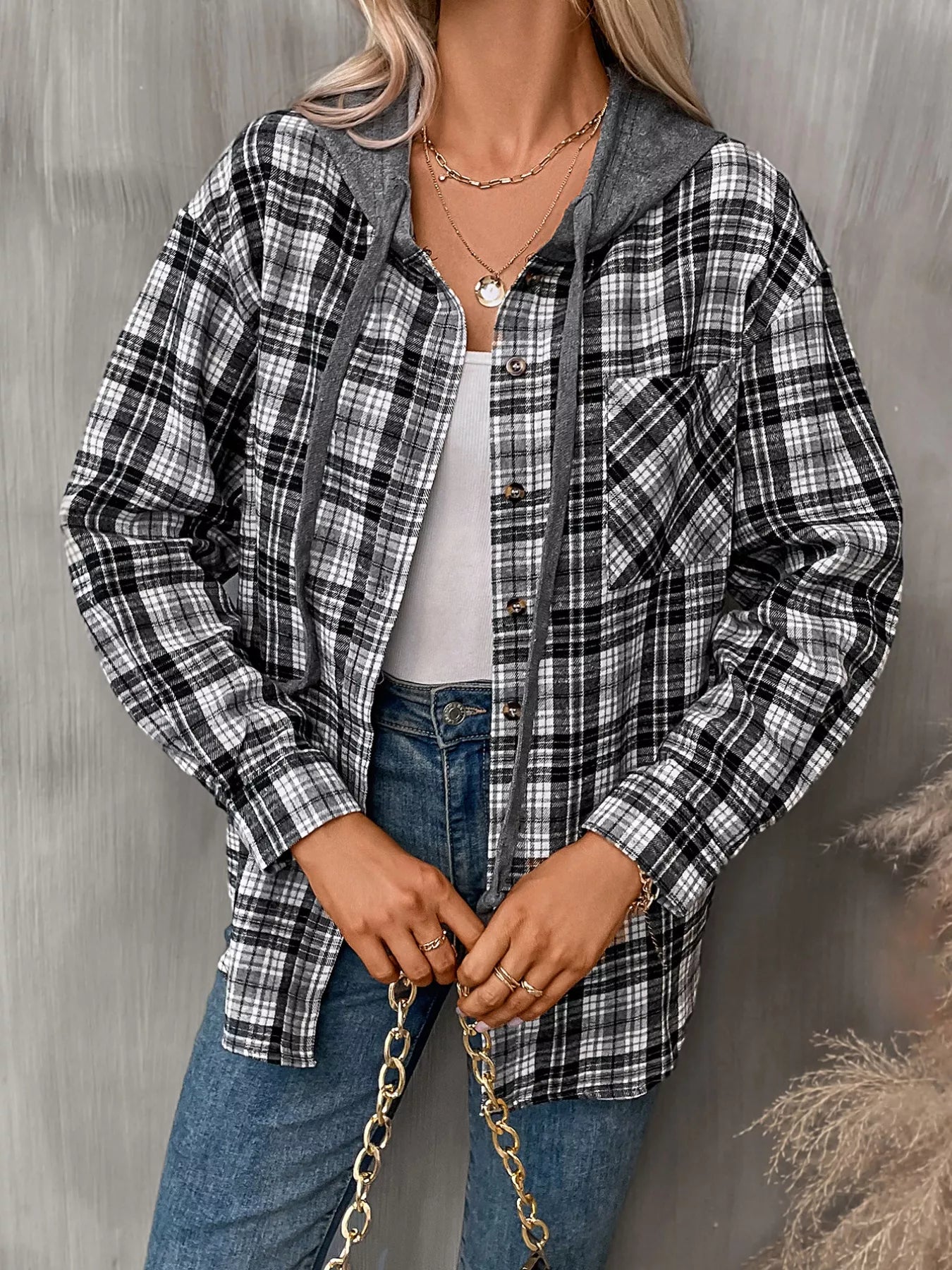 Plaid Button-Up Hooded Shirt with Chest Pocket
