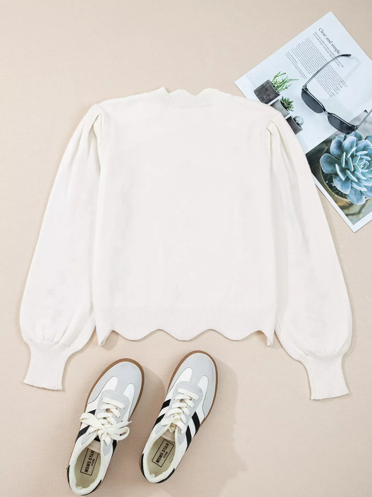 Floral Embroidered Scallop Hem Cropped Sweater