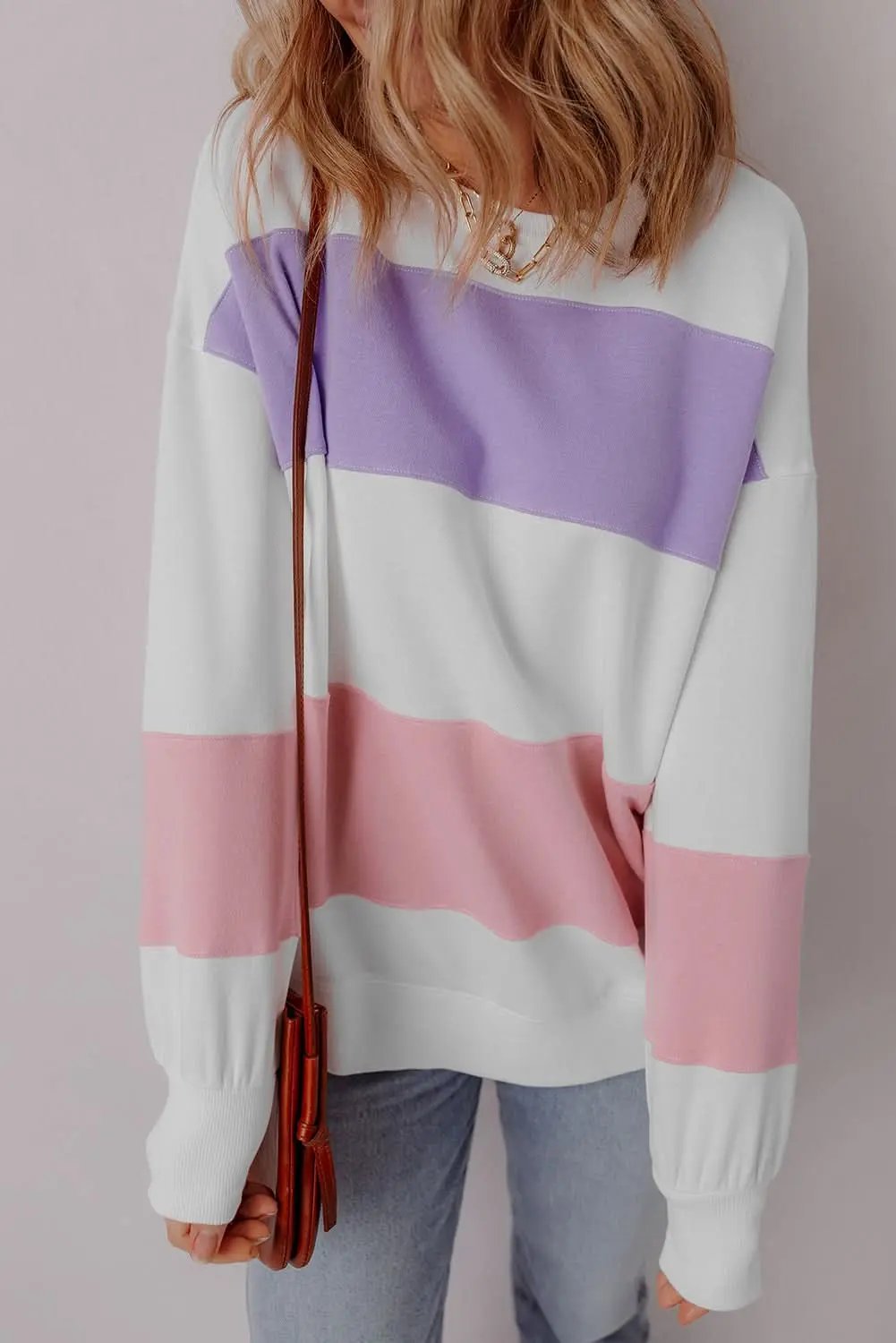 Love Salve Beige Colorblock Patchwork Drop Shoulder Crewneck