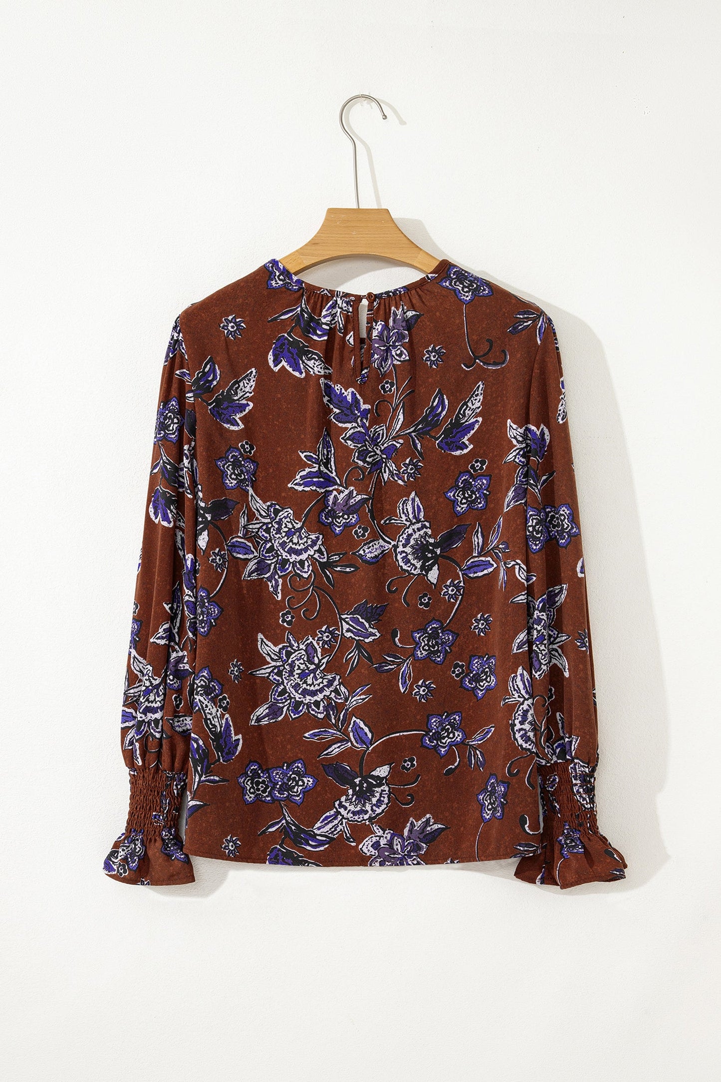 Brown Autumn Floral Print Smocked Cuffs Shift Blouse