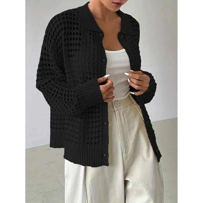 Women's Plus Size Cardigan Lightweight Hollow Out V-Neck Button Down Long Sleeve Knit Coat, 0XL-4XL