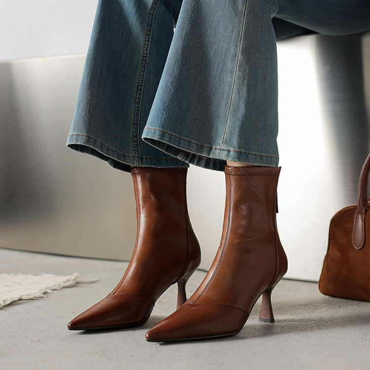 Botines de mujer de piel de vaca con puntera y tacón de aguja – Botines de tacón alto con cremallera trasera