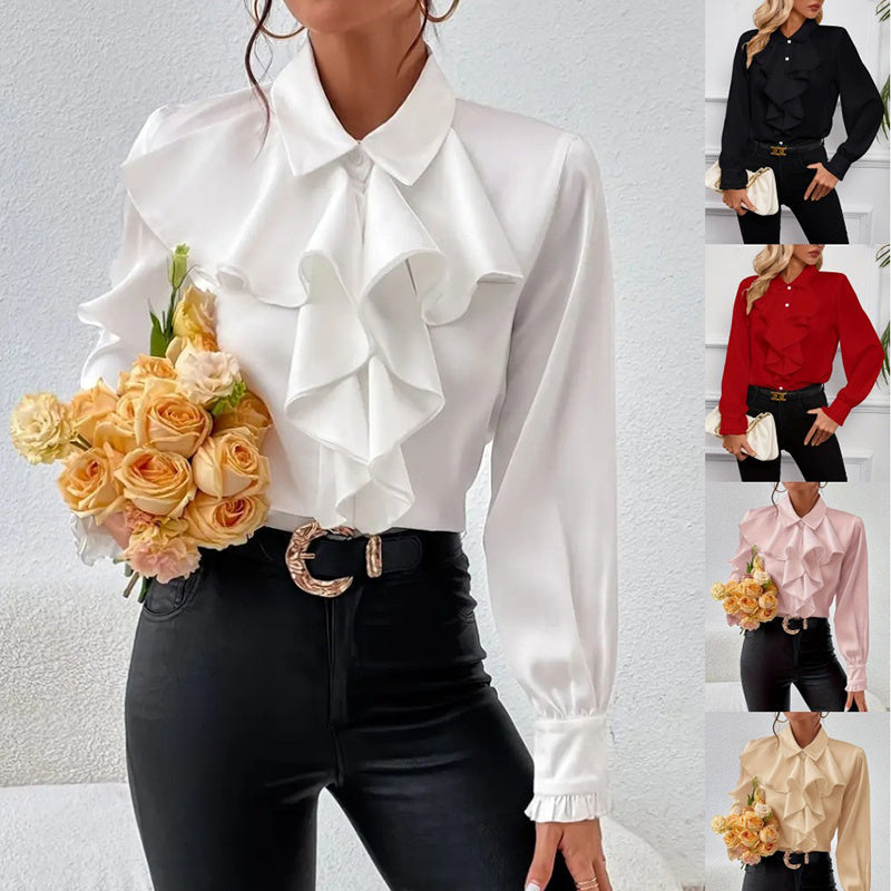 Blusa de mujer con cuello con volantes | Top de trabajo elegante de manga larga