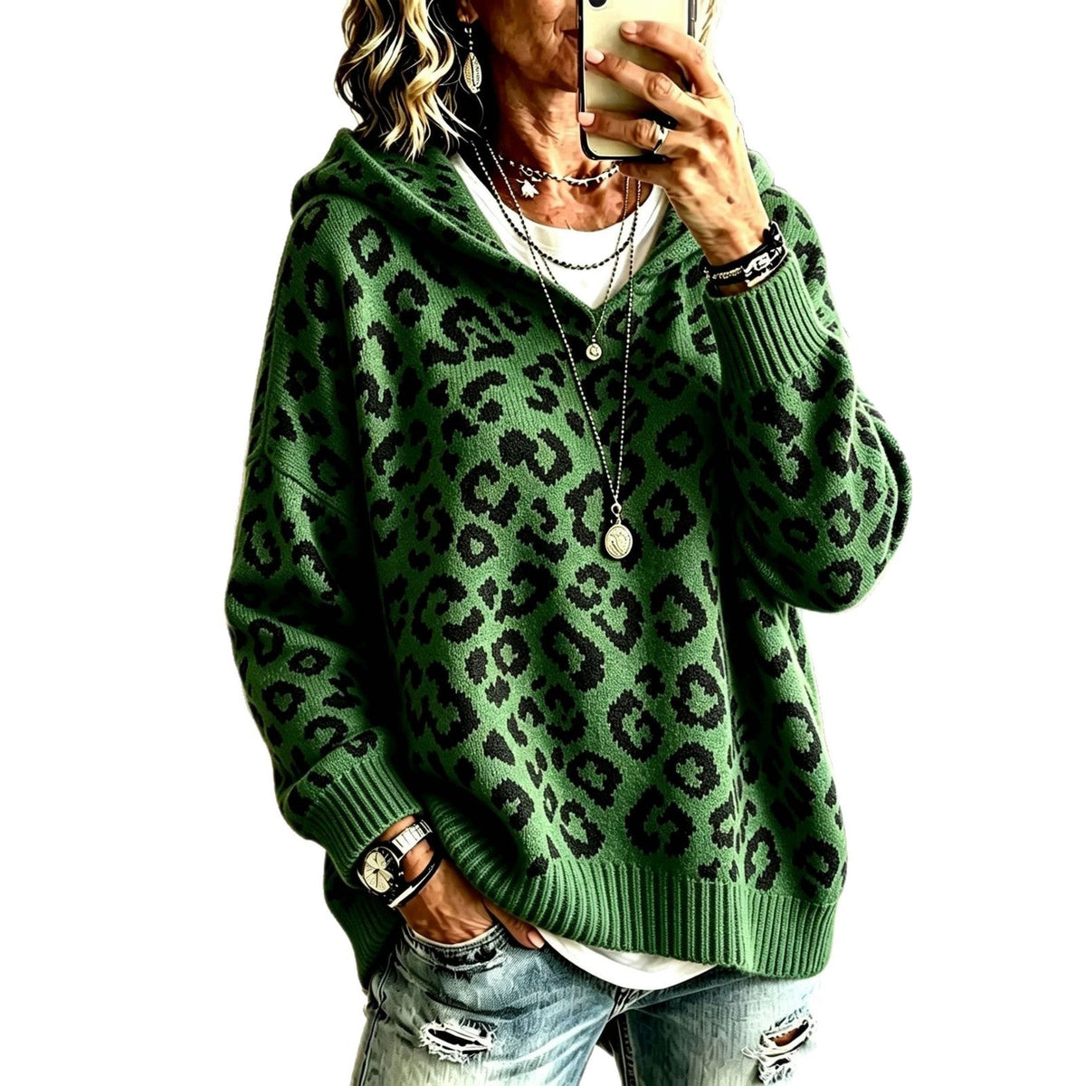 New Fallwinter Womens Leopard-print Hooded Knit Sweatshirt