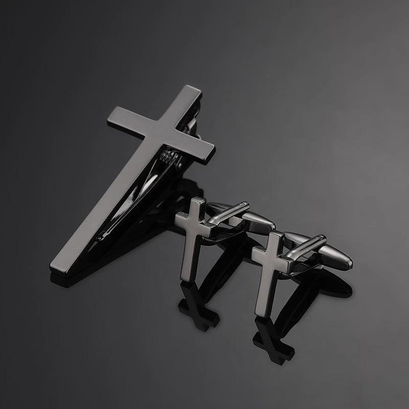 Gold Silver Black Square Brushed Tie Clip And Cufflinks