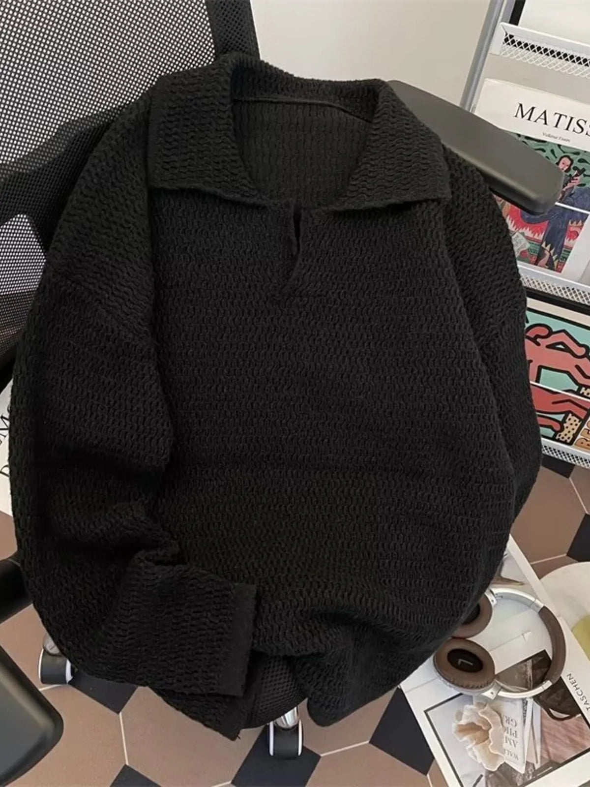 Men's Textured Knit Polo Collar Sweater