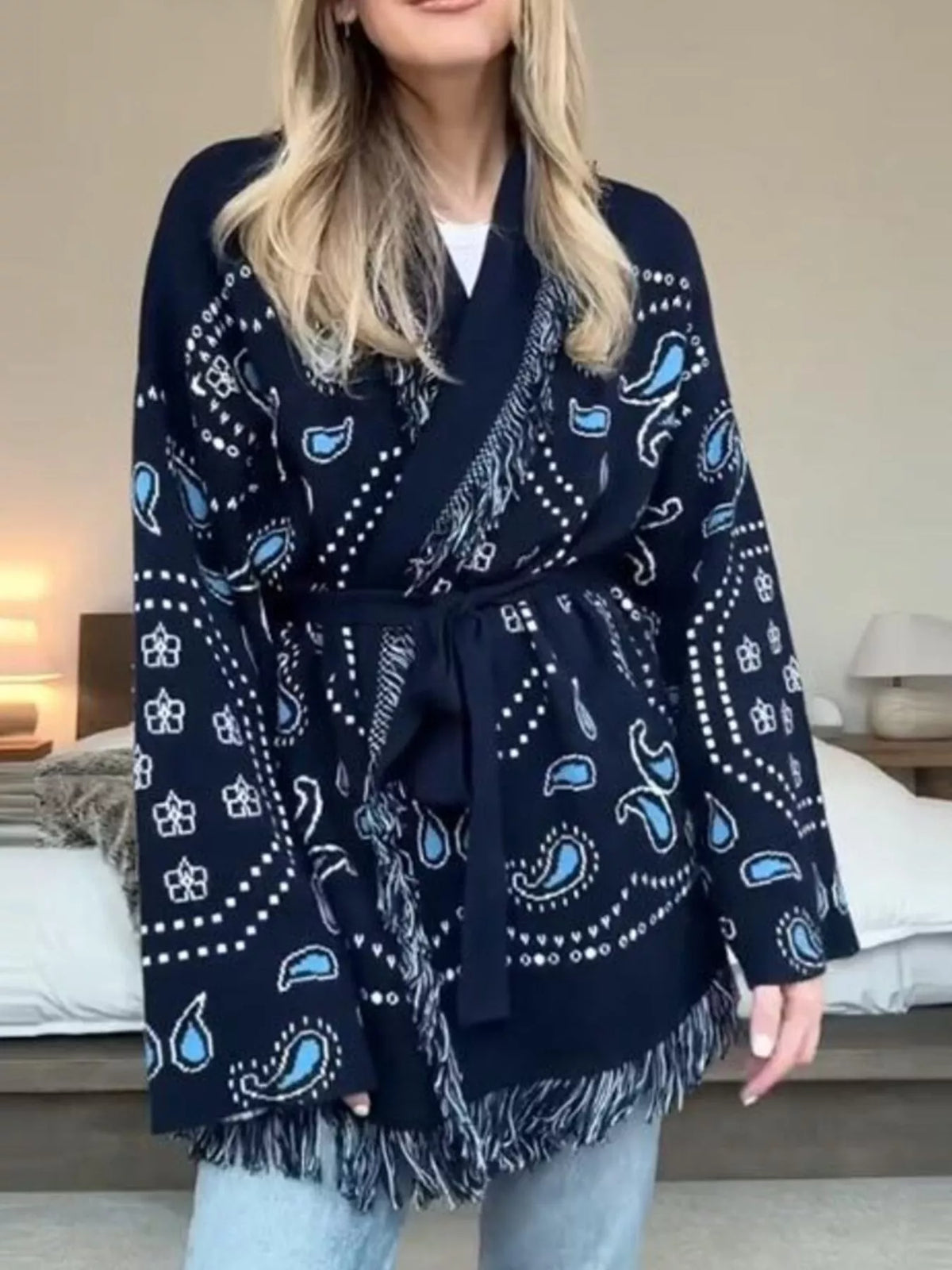 Printed Fringe Long Sleeve Cardigan