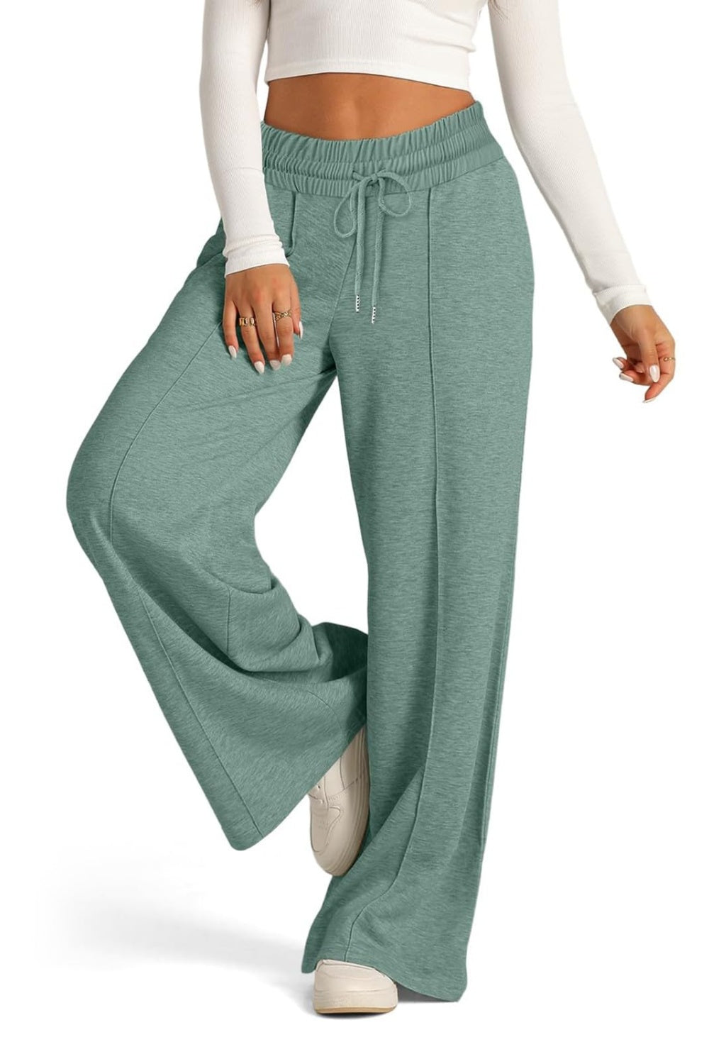 Pantalones de pernera ancha con cintura elástica y cordón ajustable