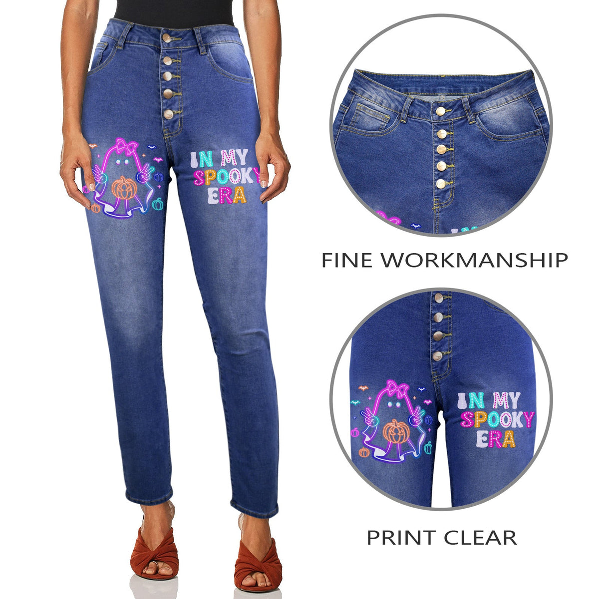 Women's Retro Halloween Neon Decorated Jeans with Front Printing
