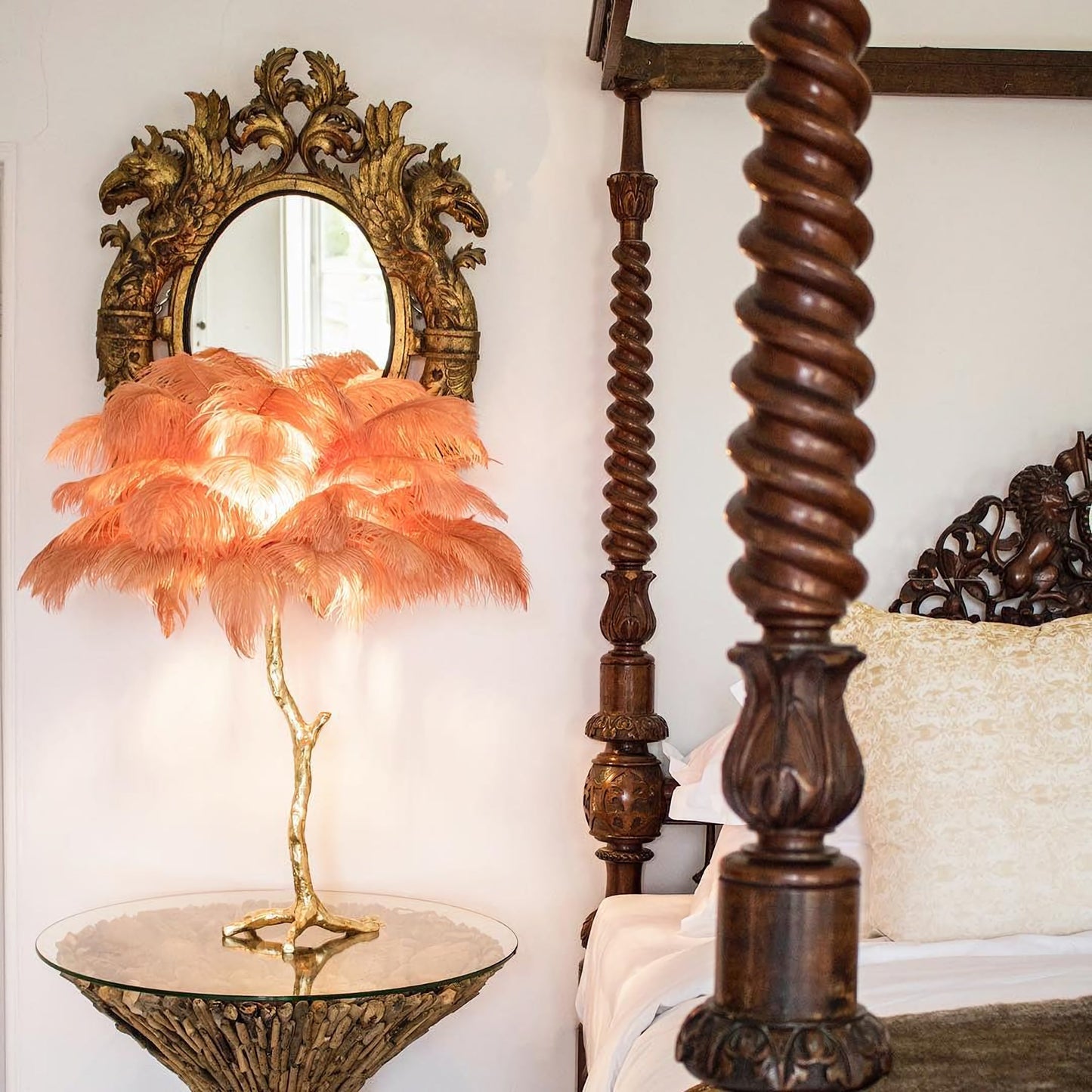 Lámpara de Mesa con Plumas de Avestruz