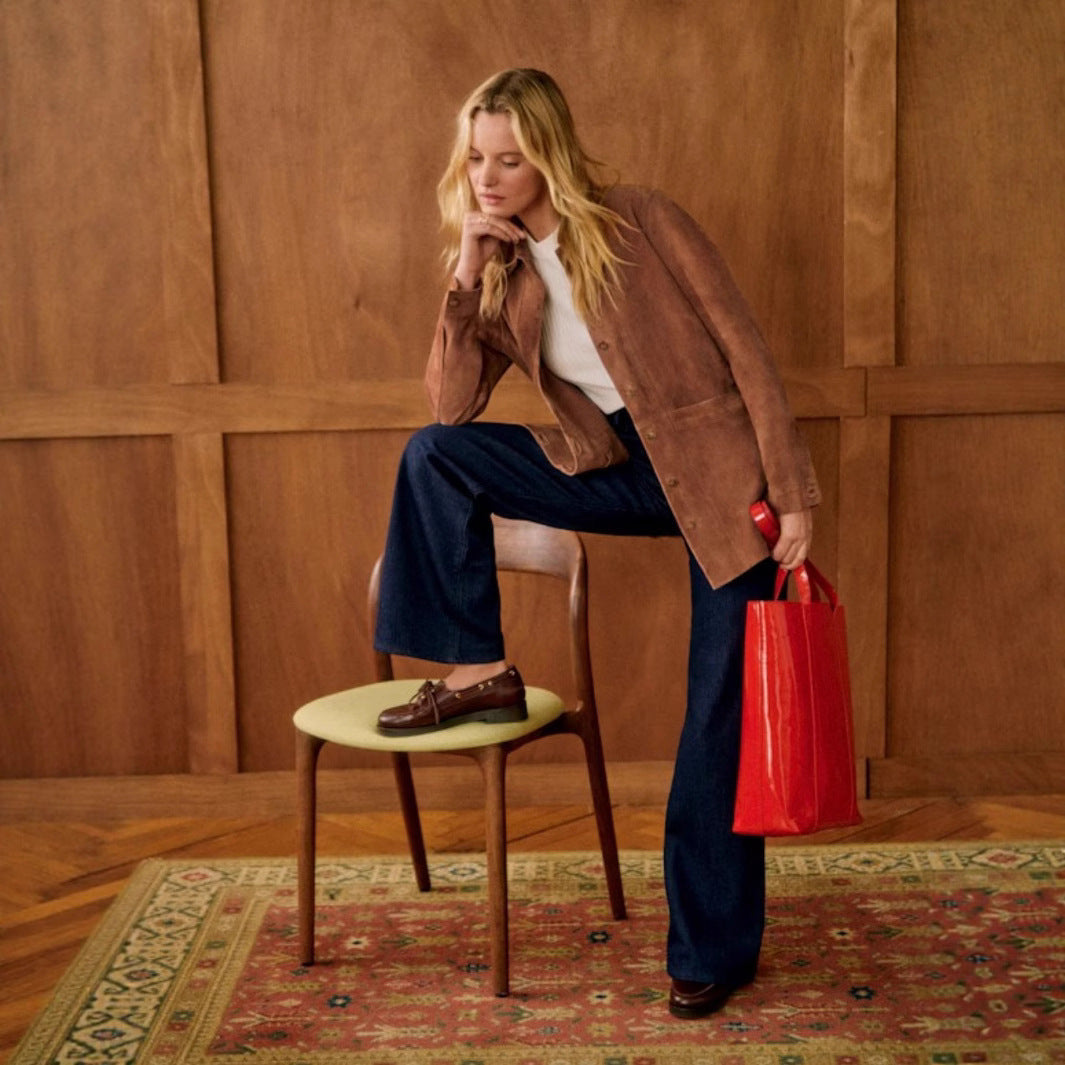 Shawl-collar Suede-like Faux Leather Shirt Jacket