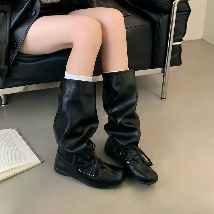 Women Retro Slouch Stack Style Knee High Boots, Soft Wrinkle Leather Round Toe Flat Heel Front Lace Up Casual Street Wear Long Booties