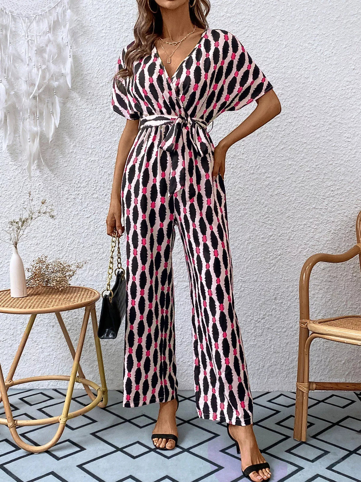 Printed Surplice Tie Waist Short Sleeve Jumpsuit