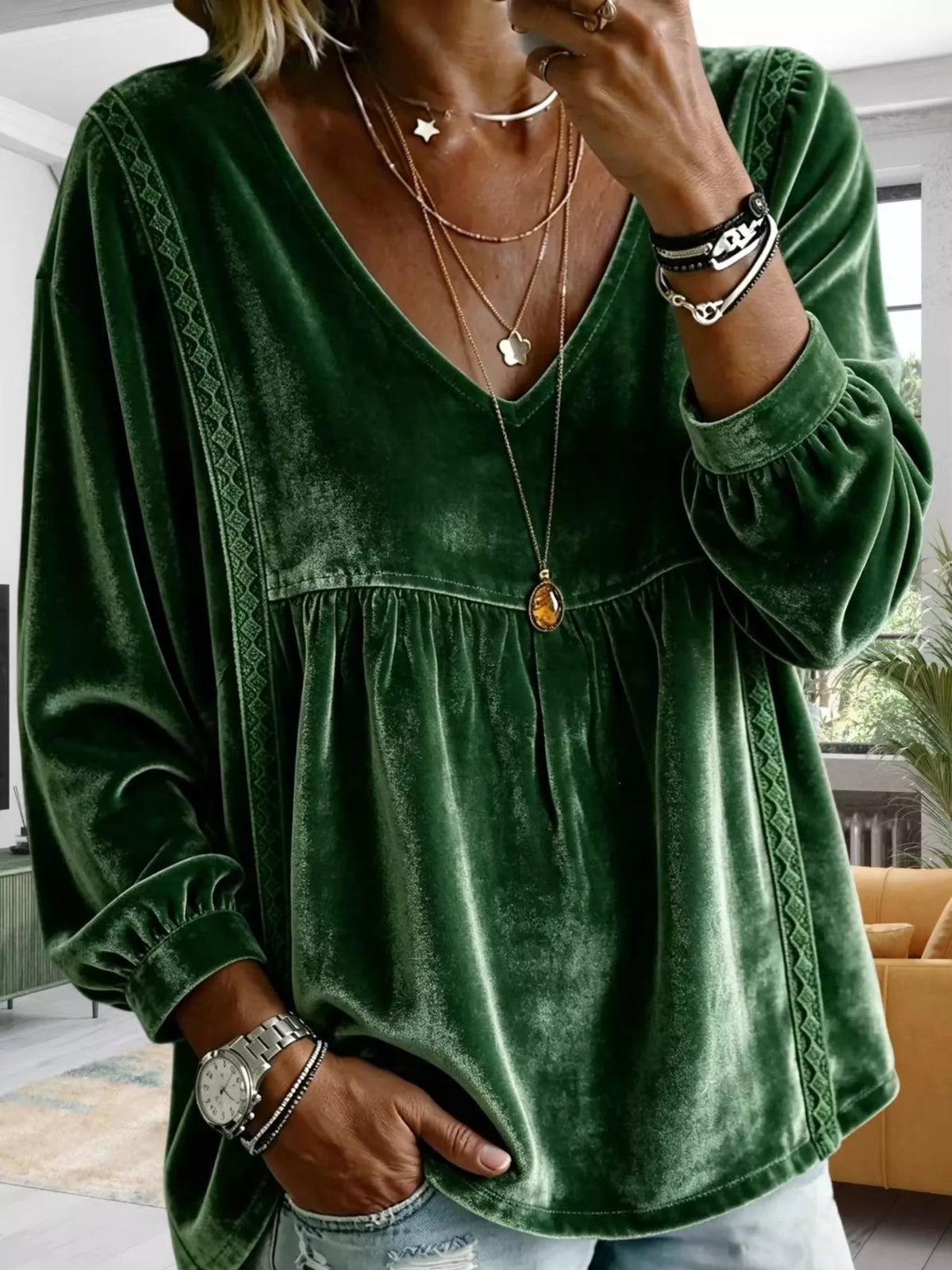 Full Size Velvet Lace Detail V-Neck Blouse Plus Size