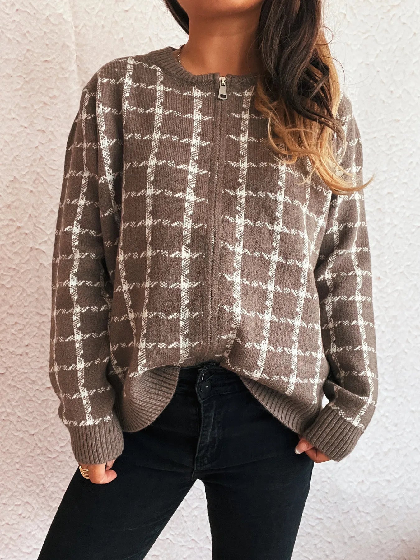 Plaid Pattern Zip Up Cardigan