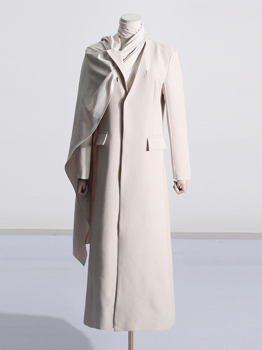 Draped Cape-Scarf Longline Tailored Coat