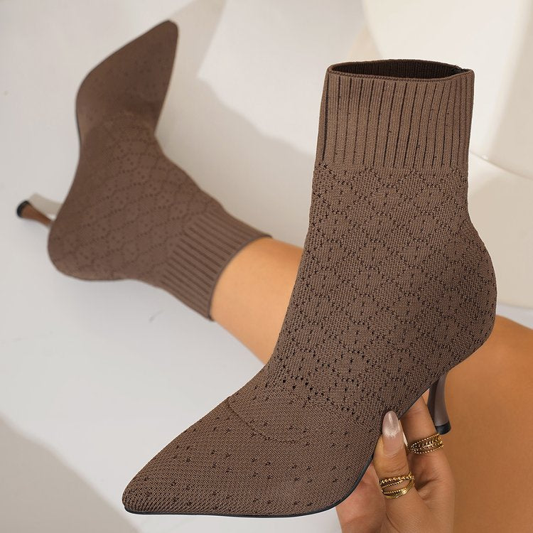 Pointed-toe Stiletto Heel Knitted Stretch Boots For Women