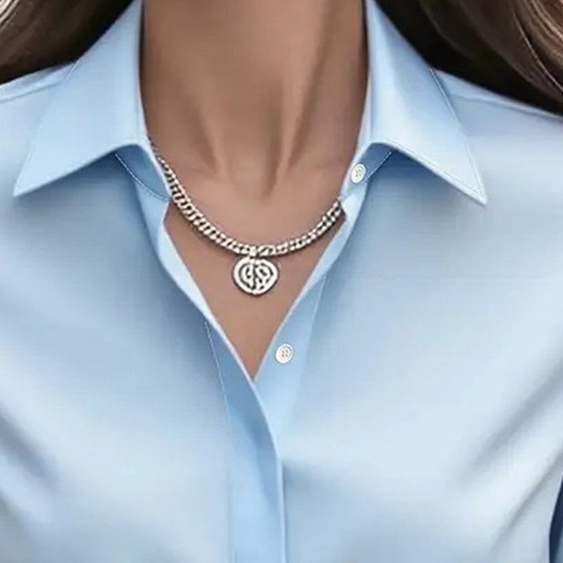 Blusa de satén de corte holgado — Túnica de manga larga con cuello en V para oficina y uso casual