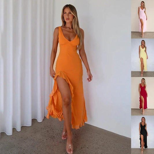 Vestido de mujer con volantes, tirantes divididos, entallado, cuello en V, para fiesta de noche, ropa