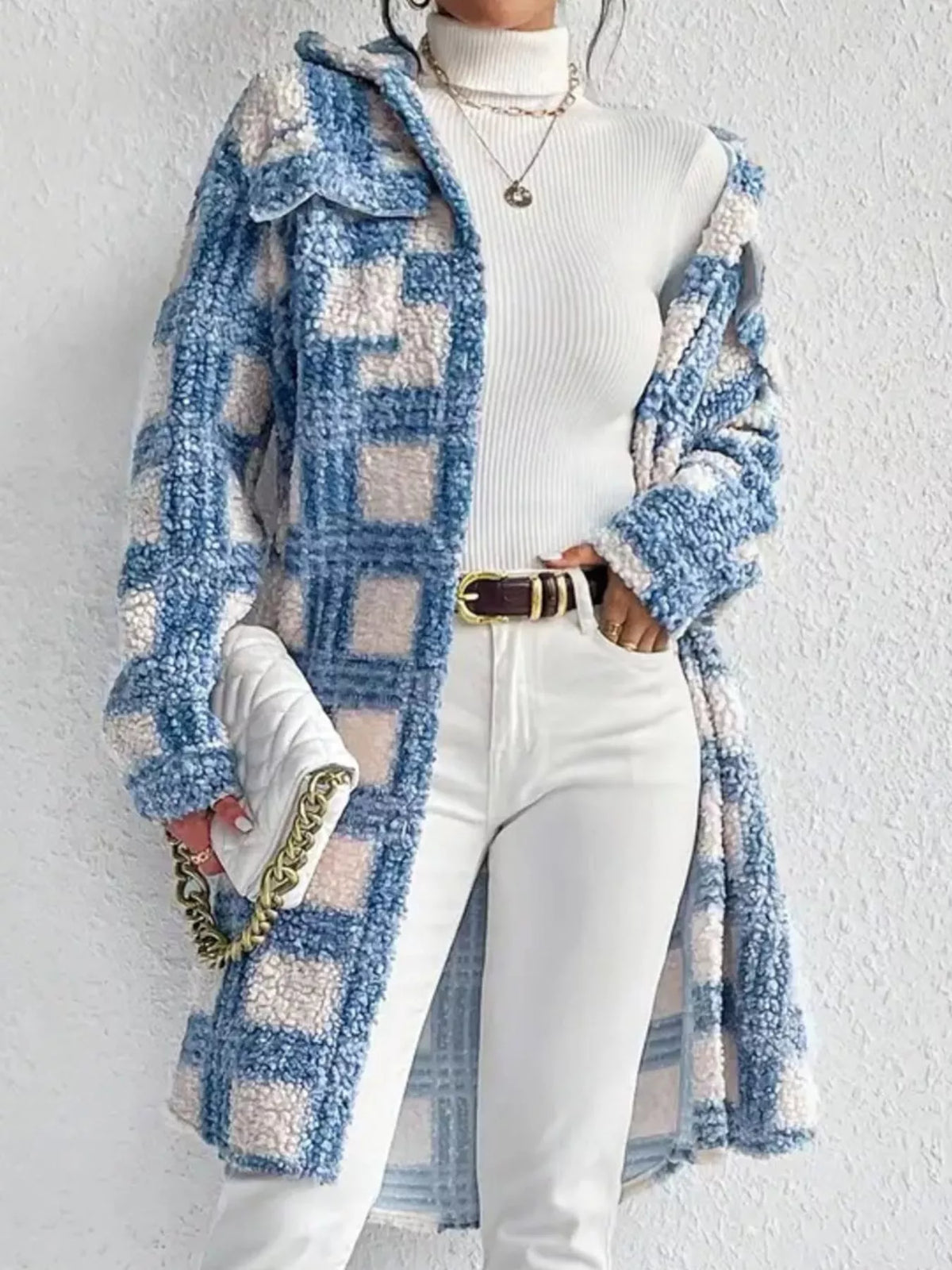 Plaid Button Up Long Sleeve Fleece Coat