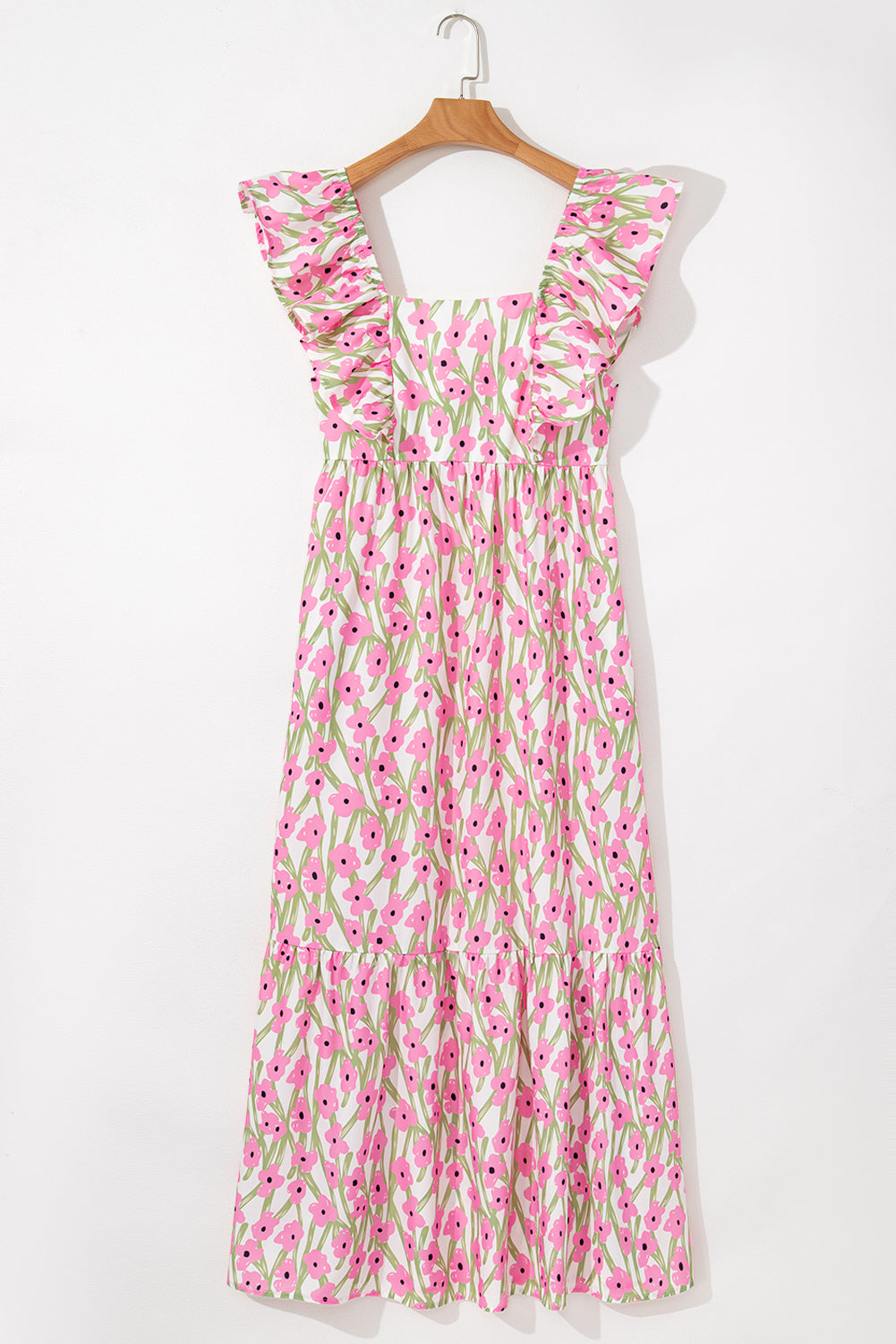 Maxivestido con estampado floral azul, escote cuadrado y tirantes con volantes