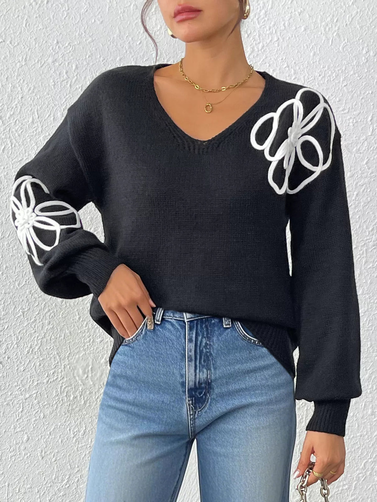 Flower V-Neck Long Sleeve Sweater