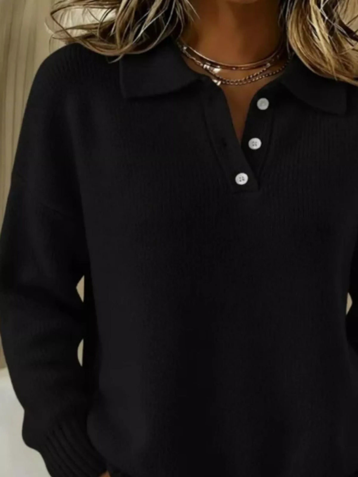 Full Size Half Button Collar Drop Shoulder Sweater Plus Size
