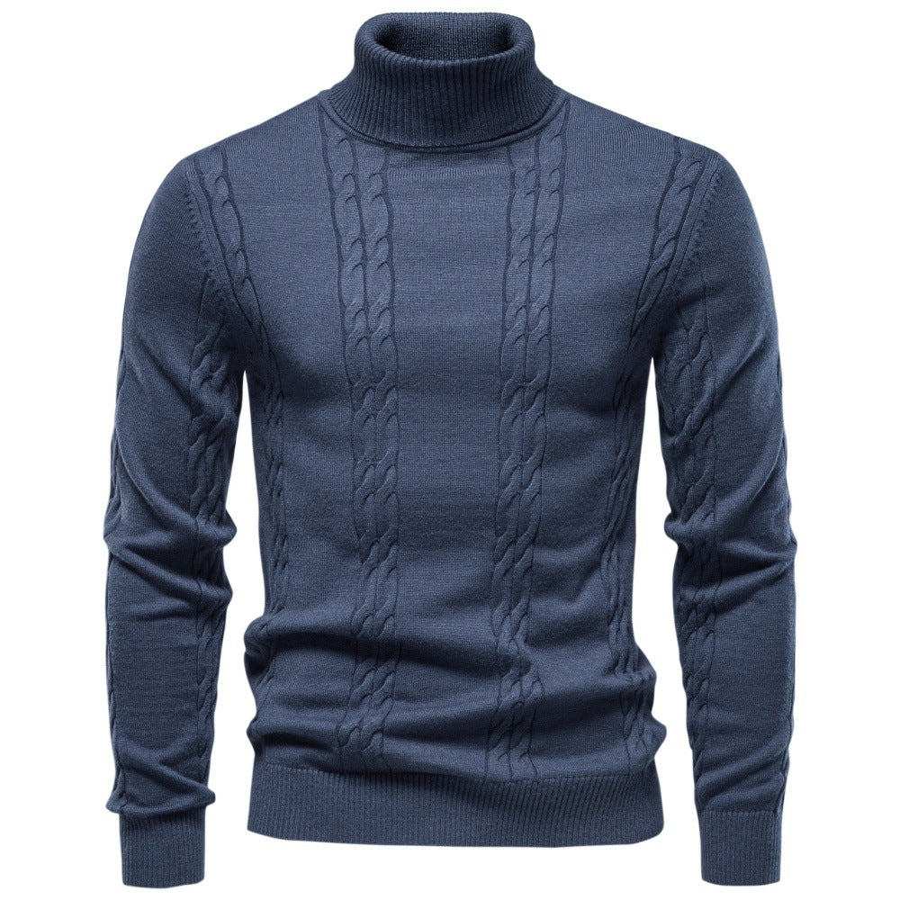 2026 Autumn Winter Cross-Border Foreign Trade Men's Solid Color Twisted Pattern Turtleneck Pullover Knit Sweater, Warm Base Layer Sweater For Men