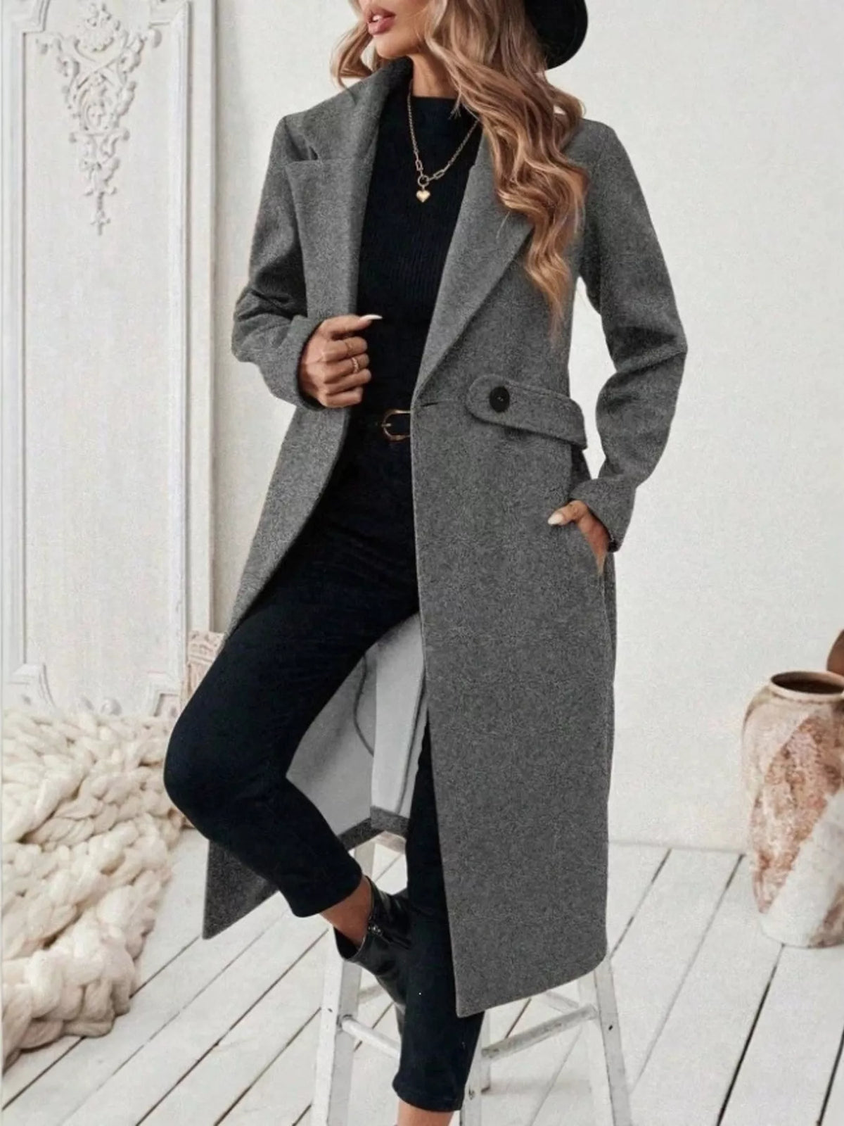 Full Size Elegant Lapel Collar Belted Coat with Pockets Plus Size